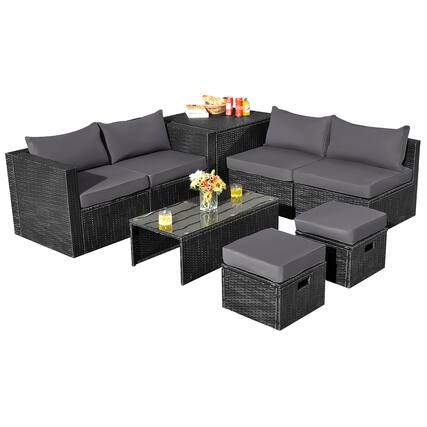 Front. Costway - Costway 8PCS Patio Rattan Furniture Set Storage Table Ottoman Grey cover - Grey.