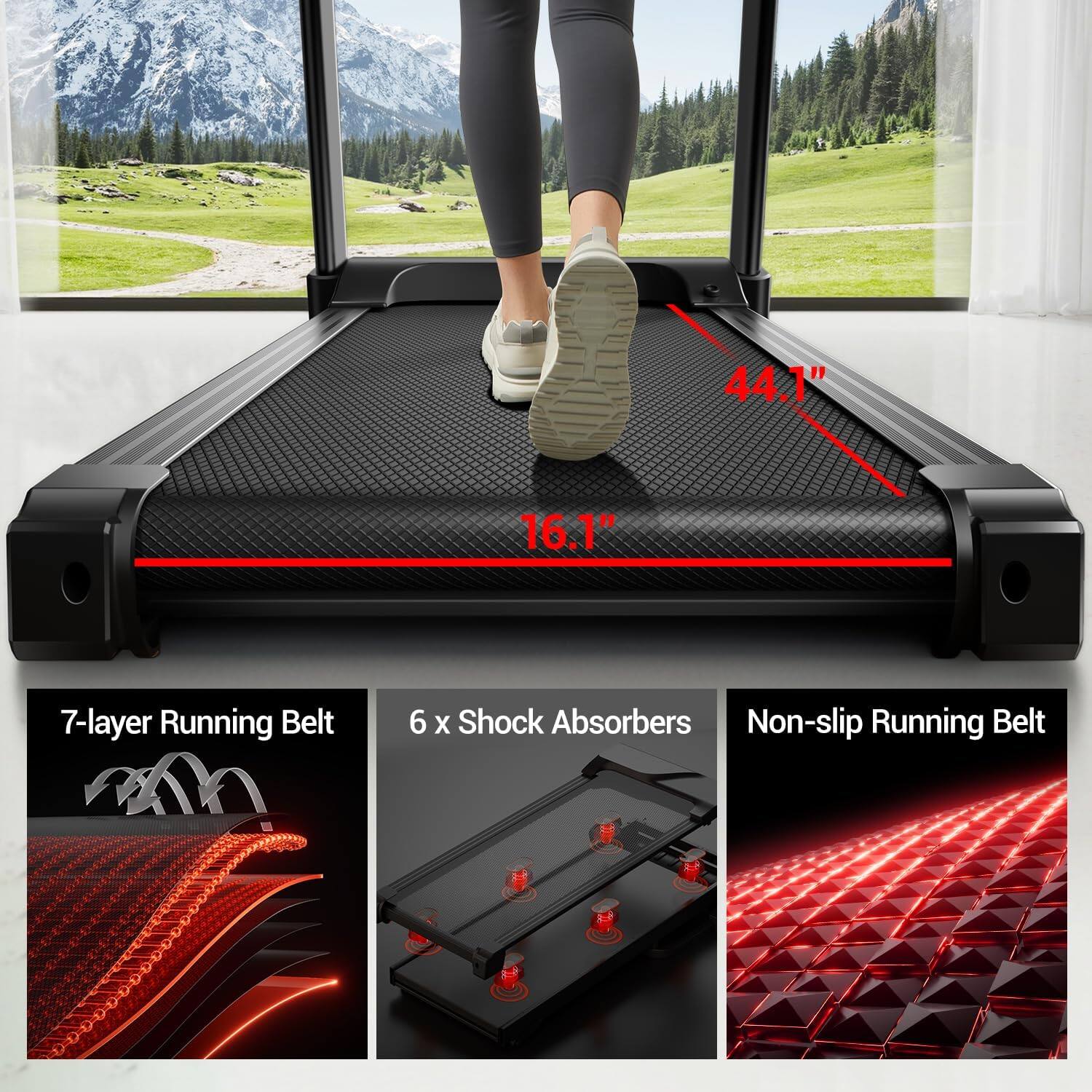44.1" 16.1" 7-layer Running Belt 6 x Shock Absorbers Non-slip Running Belt