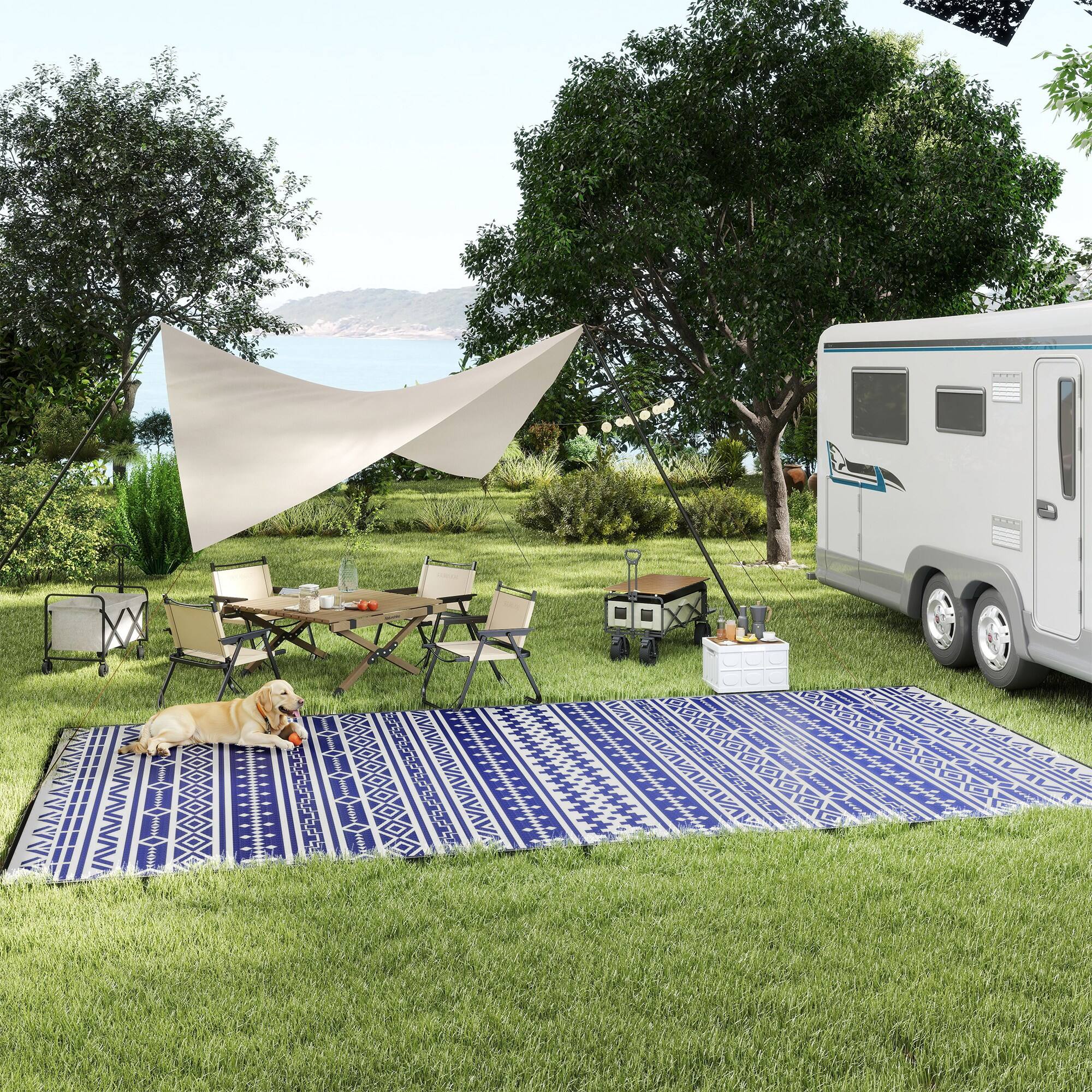 Alt View 7. Outsunny - Outdoor Rug for Patio, 9' x 18' Waterproof Large Mat, Reversible Plastic Straw Rug for Décor - Blue and White Geometric Wall.