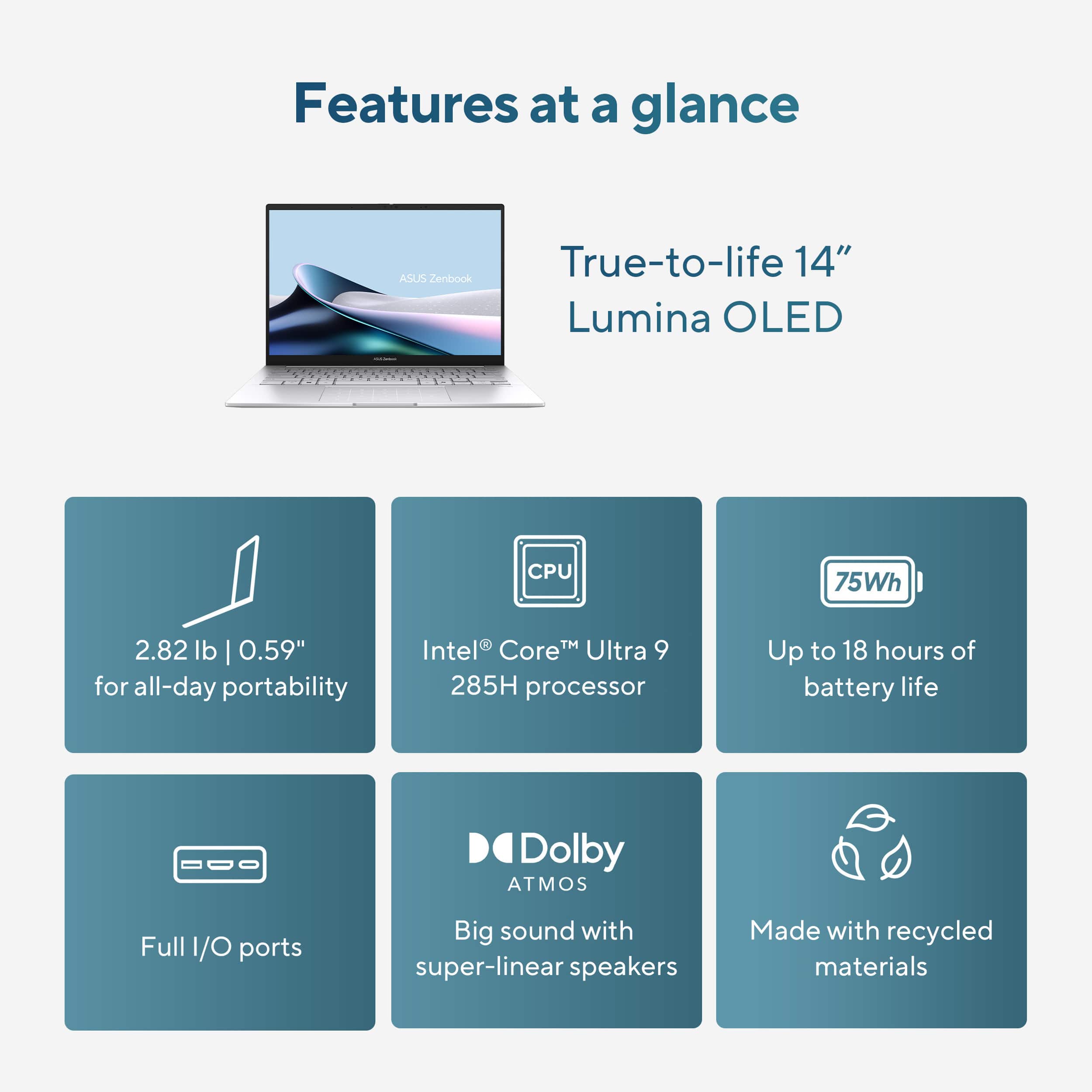Features at a glance:
1. ASUS Zenbook True-to-life 14" Lumina OLED
2. CPU: 75Wh 2.82 lb Intel CoreM Ultra 9 285H processor
3. Up to 18 hours of battery life
4. Dolby ATMOS
5. Full I/O ports
6. Big sound with super-linear speakers
7. Made with recycled materials