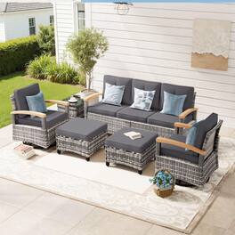 Yardgrace - 6-Piece Wicker Patio Set w/ 2 Wood Armrest Swivel Glide Chairs & 2 Ottomans for Deck, Yard or Poolside - Gray