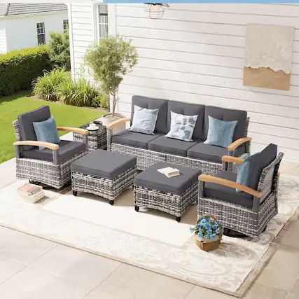 Front. Yardgrace - 6-Piece Wicker Patio Set w/ 2 Wood Armrest Swivel Glide Chairs & 2 Ottomans for Deck, Yard or Poolside - Grey.