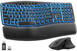 Bundle - HESVAP - Ergonomic Wireless Keyboard and Mouse Combo, 7-Color Backlight, Rechargeable, 2.4GHz USB-A/USB-C - Black