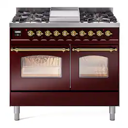 ILVE - Nostalgie II 40 inch Dual Fuel Range with 6 Burners + Griddle (Liquid Propane, Burgundy, Brass Trim) - Burgundy