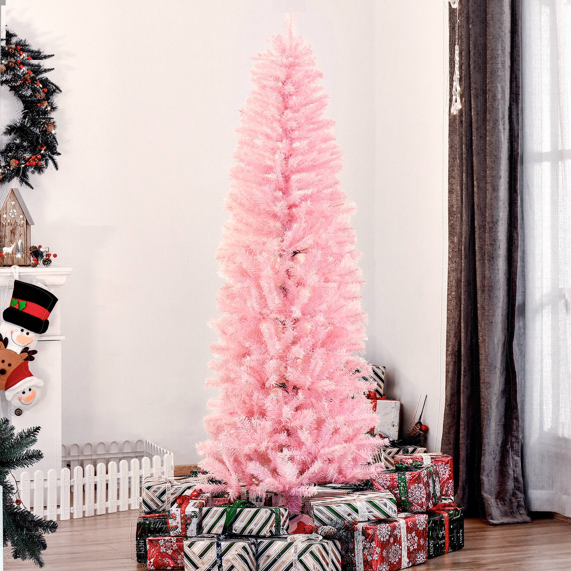Alt View 1. Homcom - Douglas Fir Slim Pencil Artificial Christmas Tree, 618 Tips Metal Stand - Pink.