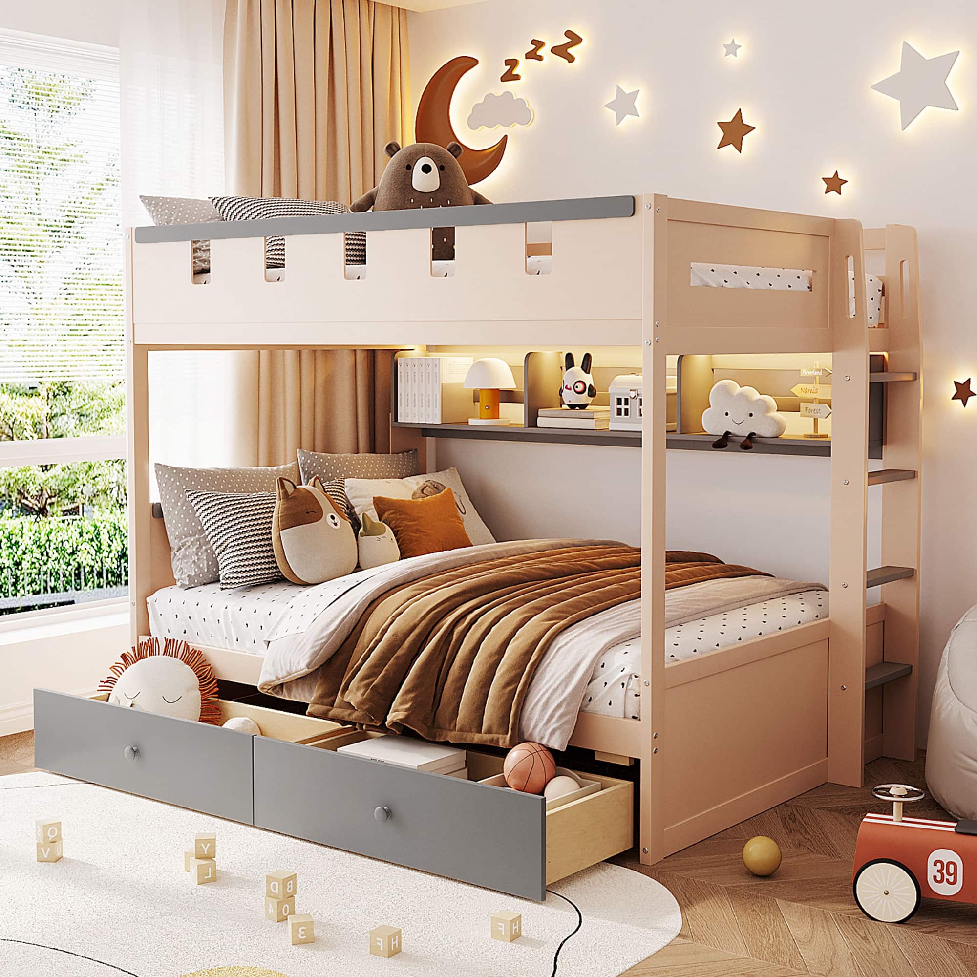 Photos - Bed Castle Anysun - Full Size  Style Bunk  with 2 Drawers,Shelf,and LED - Gray 