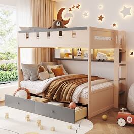 Anysun - Full Size Castle Style Bunk Bed with 2 Drawers,Shelf,and LED - Gray