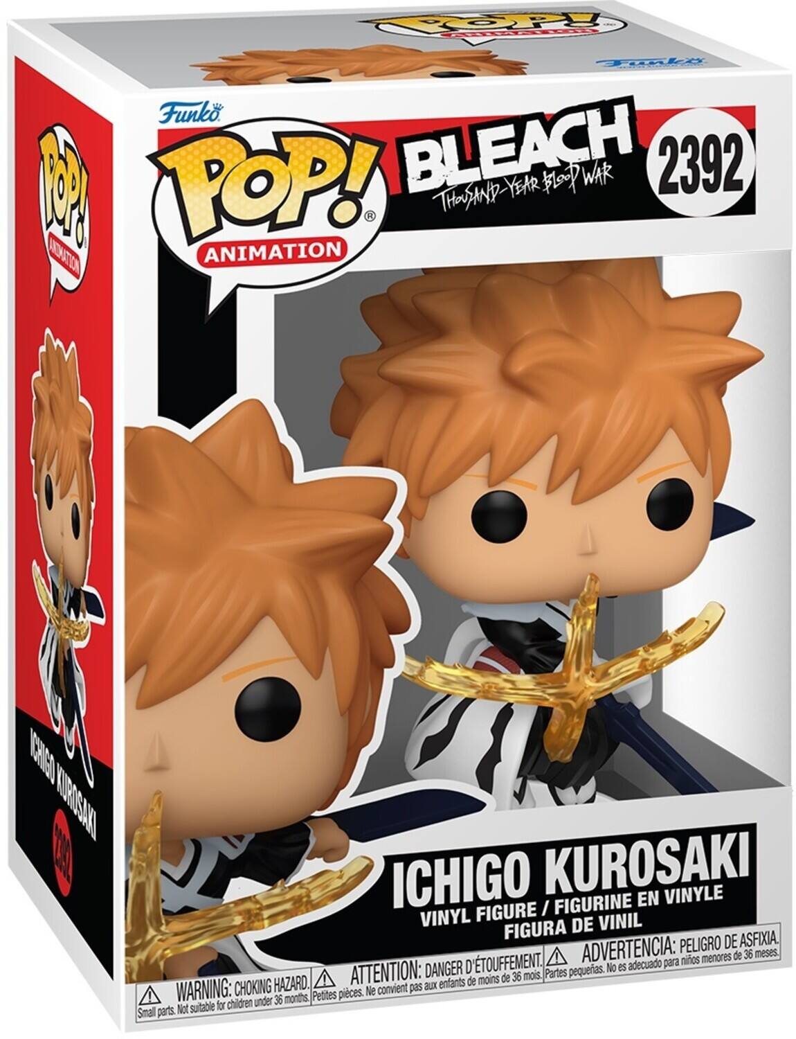 Funko POP! Animation  
BLEACH  
2392  
THOUSAND-YEAR BLOOD WAR  

ICHIGO KUROSAKI  
VINYL FIGURE / FIGURINE EN VINYLE / FIGURA DE VINIL  

ADVERTENCIA: PELIGRO DE ASFIXIA.  
ATTENTION: DANGER D'ÉTOUFFEMENT.  
WARNING: CHOKING HAZARD.  
Small parts. Not suitable for children under 36 months.