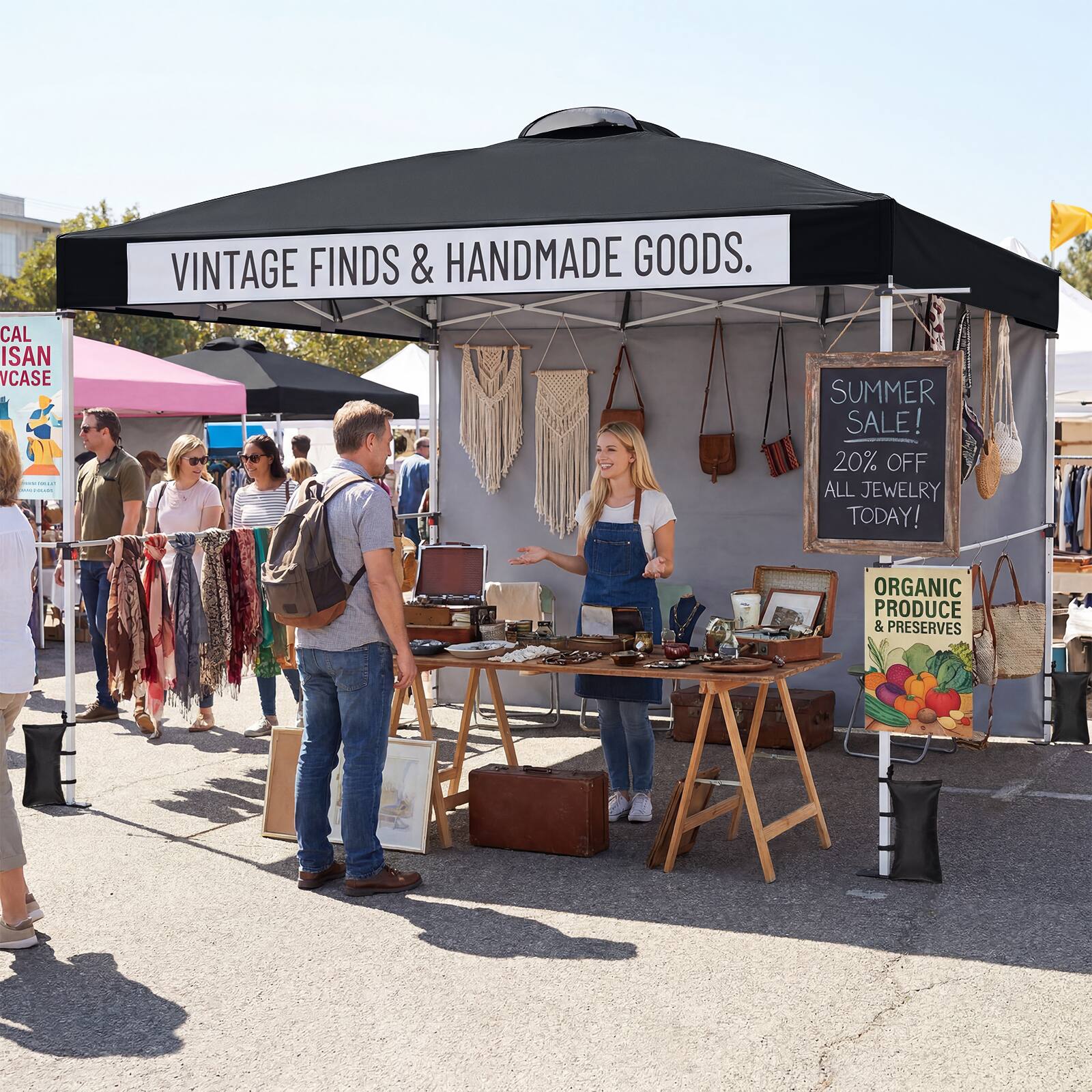 VINTAGE FINDS & HANDMADE GOODS.  
CAL ISAN CASE PCONE  
SUMMER SALE! 20% OFF ALL JEWELRY TODAY!  
ORGANIC PRODUCE & PRESERVES