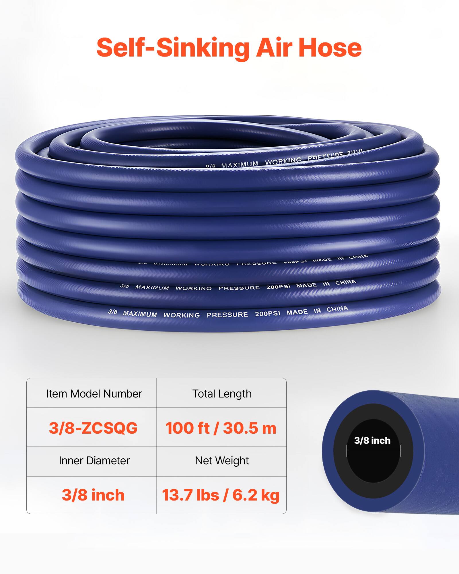 Self-Sinking Air Hose

- **Item Model Number:** 3/8-ZCSQG
- **Total Length:** 100 ft / 30.5 m
- **Inner Diameter:** 3/8 inch
- **Net Weight:** 13.7 lbs / 6.2 kg

**Maximum Working Pressure:** 200 PSI

**Made in China**