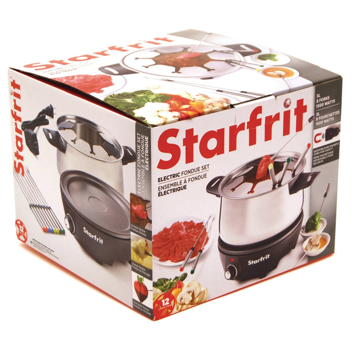 Starfrit  
ELECTRIC FONDUE SET  
ENSEMBLE À FONDUE ÉLECTRIQUE  

4 FORKS  
4 FOURCHETTES  
1500 WATTS  

3L  
3 LITRES  

12 PIECES  
12 PIÈCES  

Starfrit