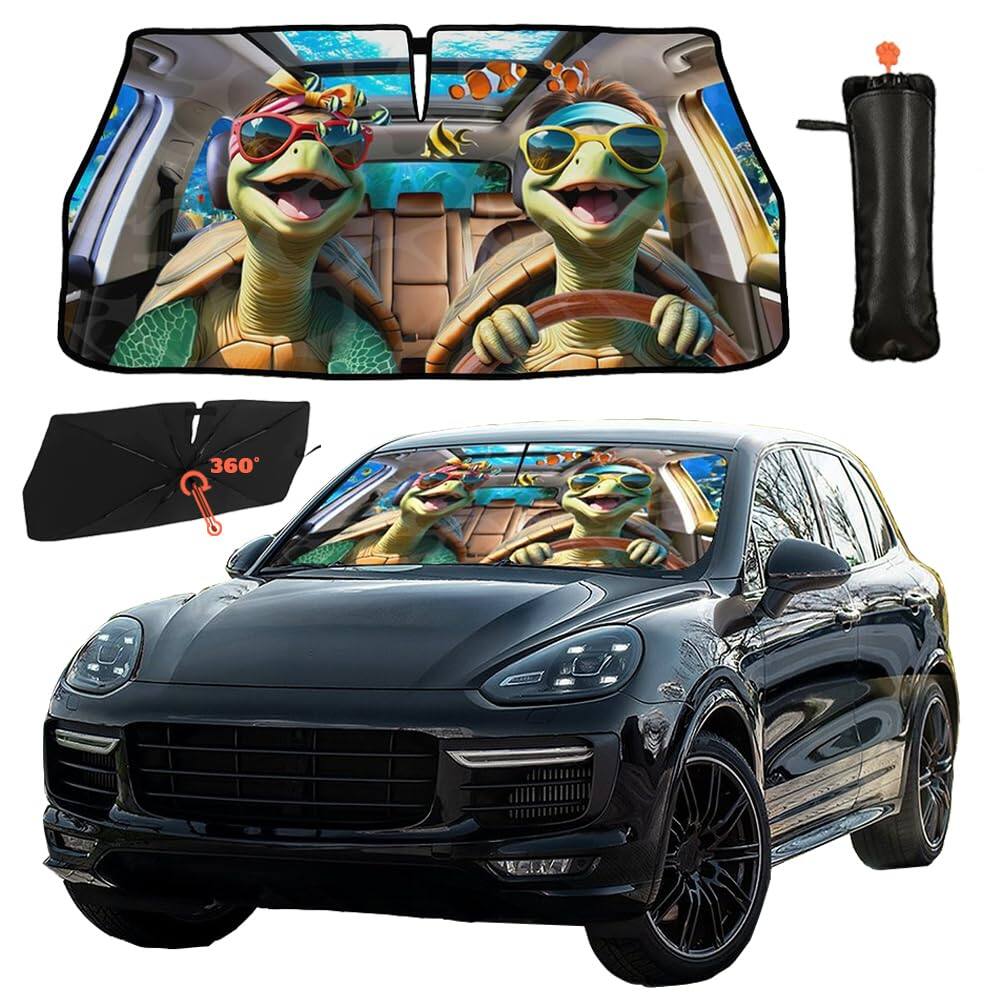 Front. Empire DigiLabs - Sea Turtle Car Umbrella Sun Shade Cover Funny Foldable Windshield Full Block Uv Rays Heat Keep Vehicle Cool - Sea Turtle.