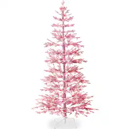 Best Choice Products - Pre-Lit Sparse Flocked Christmas Tree w/ 2-in-1 LEDs, Cordless Connection - Pink