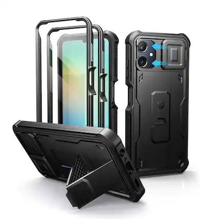 Front. Dexnor - Phone Case for Samsung Galaxy A06 Heavy Duty Shockproof Cover with 2 Front Frame, Slide Camera Cover, Screen Protector - Black.