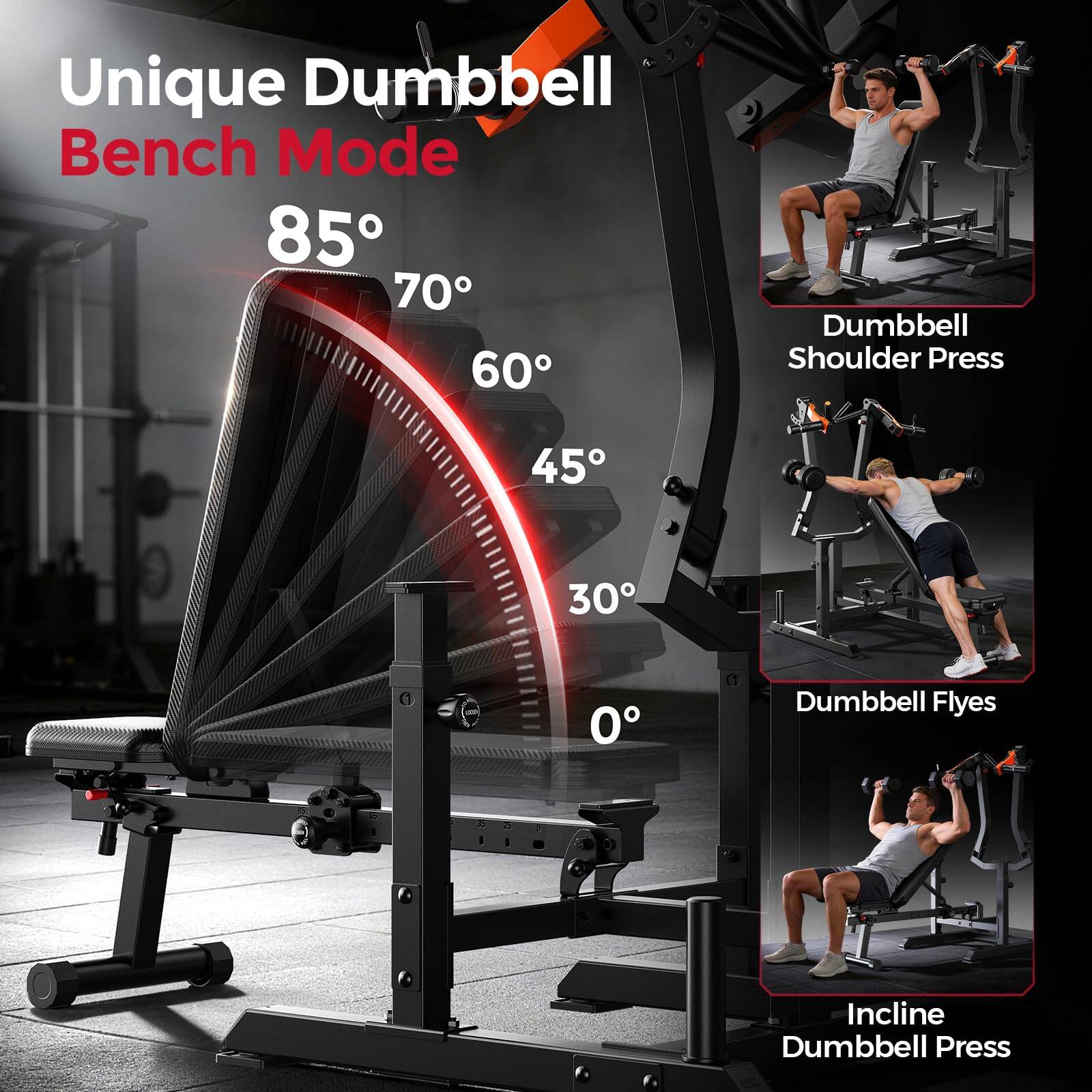 Unique Dumbbell Bench Mode  
85°  
70°  
60°  
45°  
30°  
0°  

Dumbbell Shoulder Press  
Dumbbell Flyes  
Incline Dumbbell Press