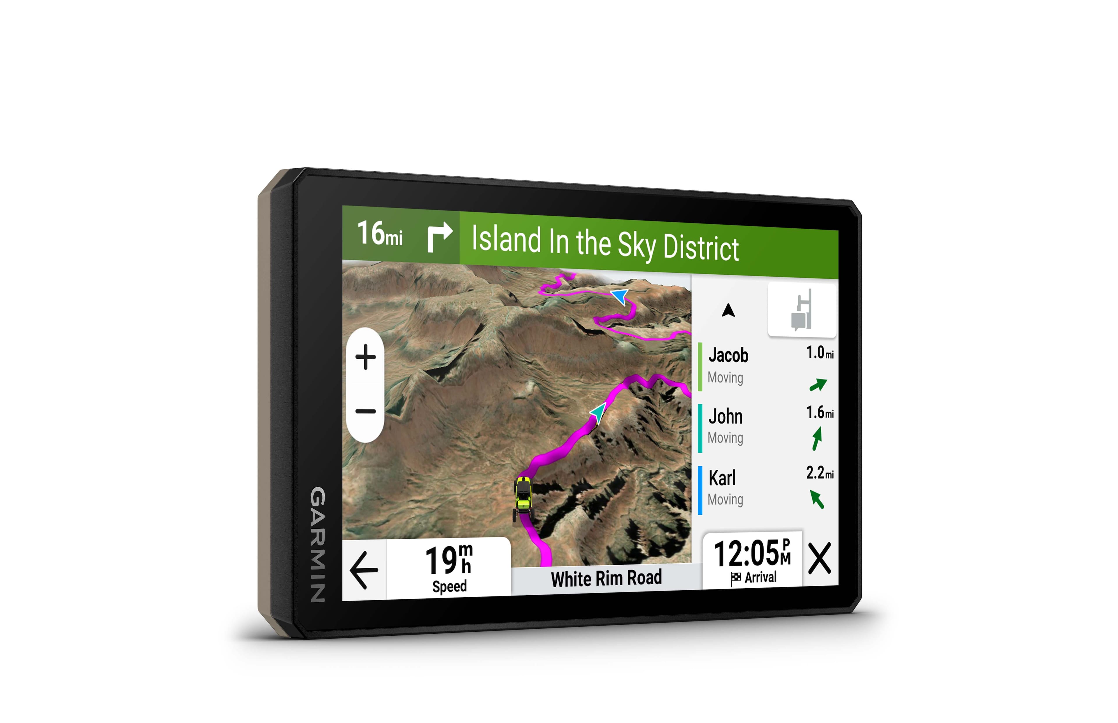 The text on the image is grouped and corrected as follows:
16mi Island In the Sky District + Jacob Moving 1.0mi GARMIN - m 19m h Speed White Rim Road John 1.6mi Moving Karl 2.2mi Moving 12:05 M X Arrival