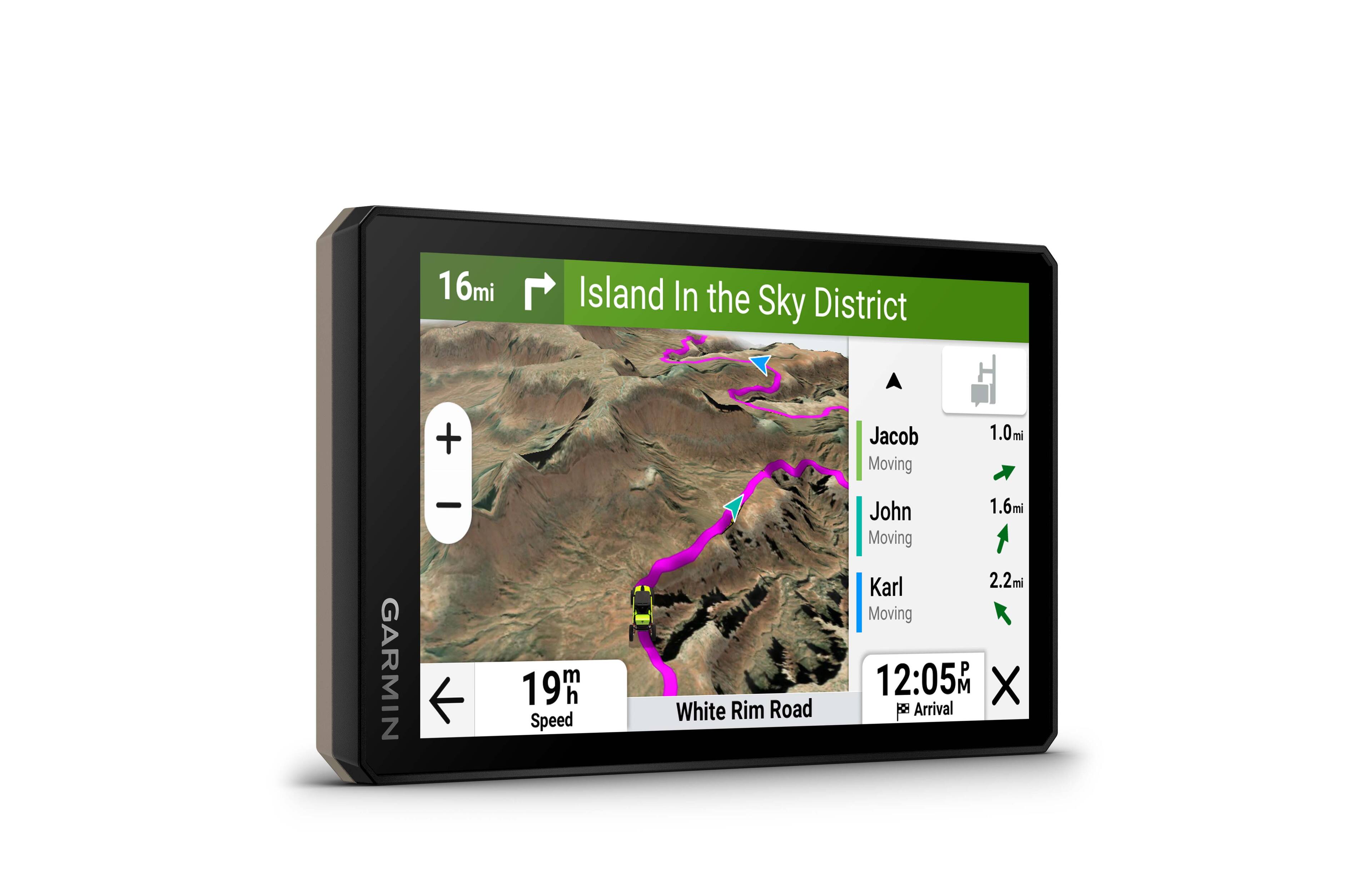 The text on the image is grouped and corrected as follows:

16mi Island In the Sky District + Jacob Moving 1.0mi GARMIN - m 19m h Speed White Rim Road John 1.6mi Moving Karl 2.2mi Moving 12:05 M X  Arrival