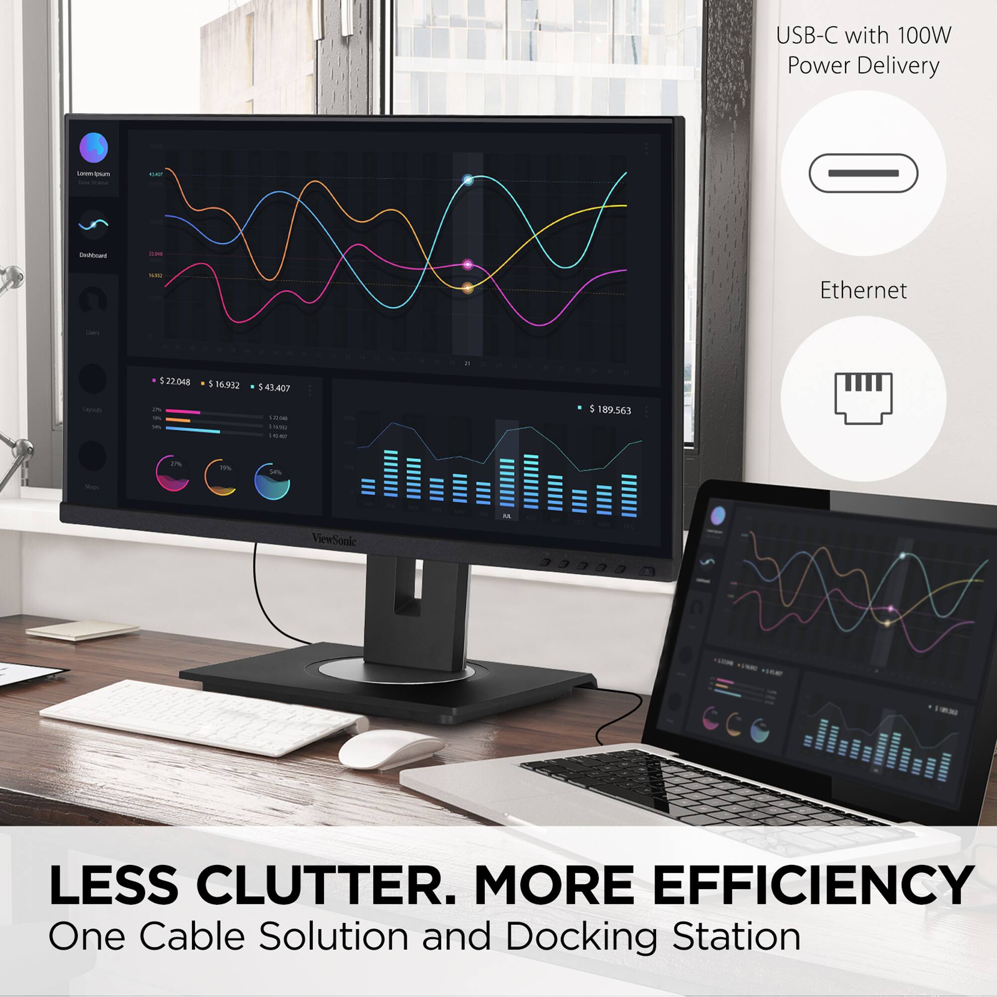 USB-C with 100W Power Delivery - Ethernet - 522,848 1 16.932 45,.407 Less Clutter. More Efficiency. One Cable Solution and Docking Station.