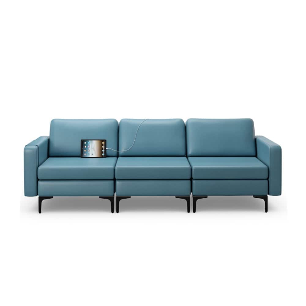 Kadyn - Convertible Leather Sofa Couch with Magazine Pockets 3-Seat with 2 USB Port-Blue, Sectional Sofa Couch - Blue