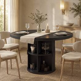 Dyonery - 35.5" Round Dining Table with Storage Shelf, Modern Fluted Kitchen Table for Small Space - Black