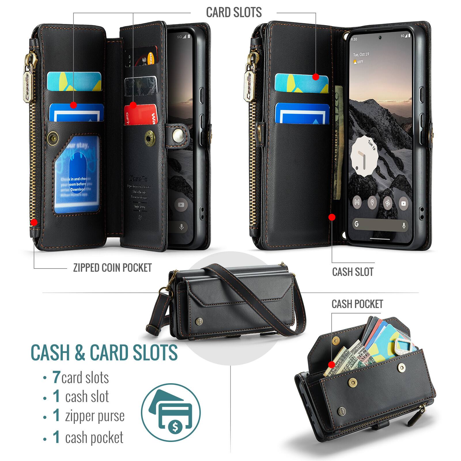 CARD SLOTS

ZIPPED COIN POCKET

CASH & CARD SLOTS
- 7 card slots
- 1 cash slot
- 1 zipper purse
- 1 cash pocket
