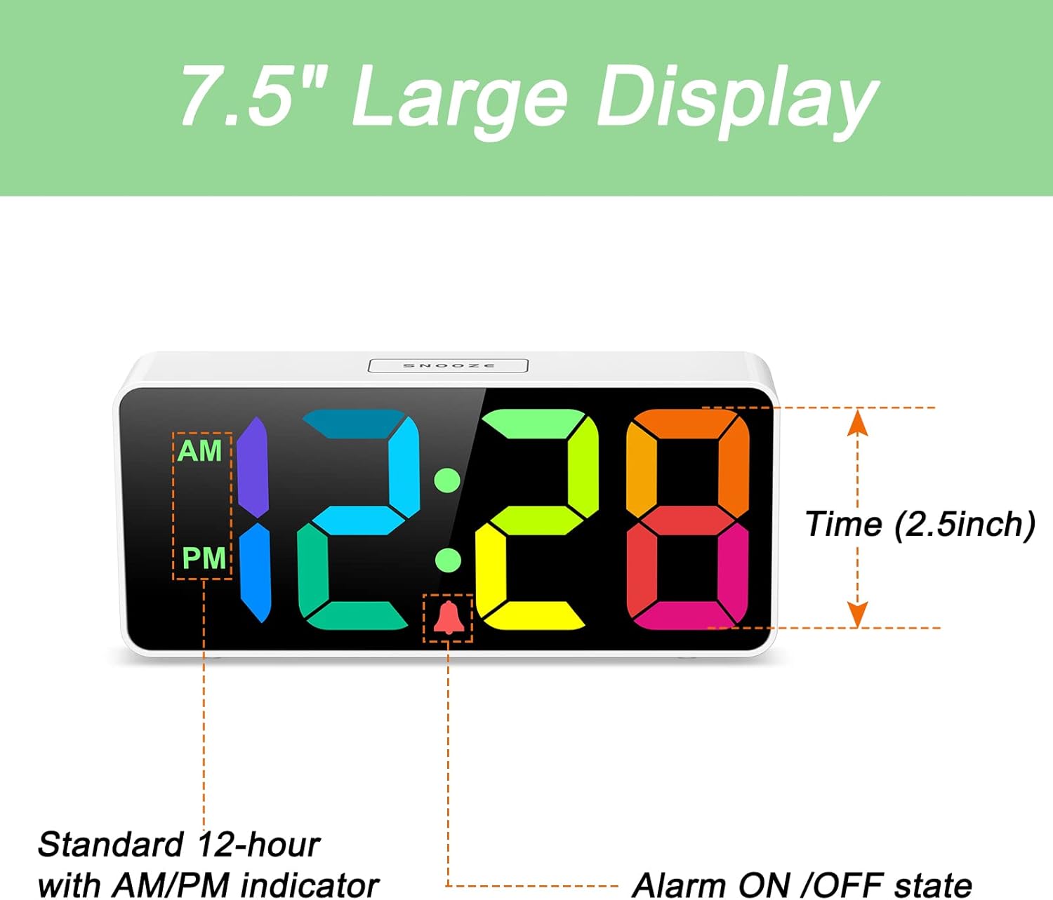 7.5" Large Display

- Time (2.5inch)
- Standard 12-hour with AM/PM indicator
- Alarm ON/OFF state