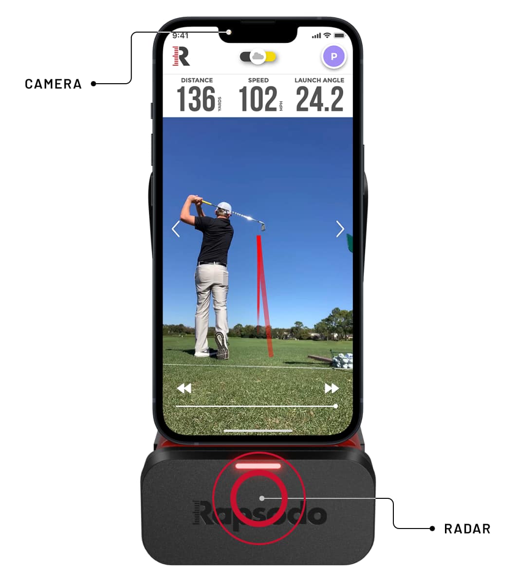 The image shows a cell phone with a golf app on it. The app displays the distance, speed, and launch angle of a golf ball. The distance is 136 yards, the speed is 102 mph, and the launch angle is 24.2 degrees. The app also has a radar feature that helps golfers track their shots.