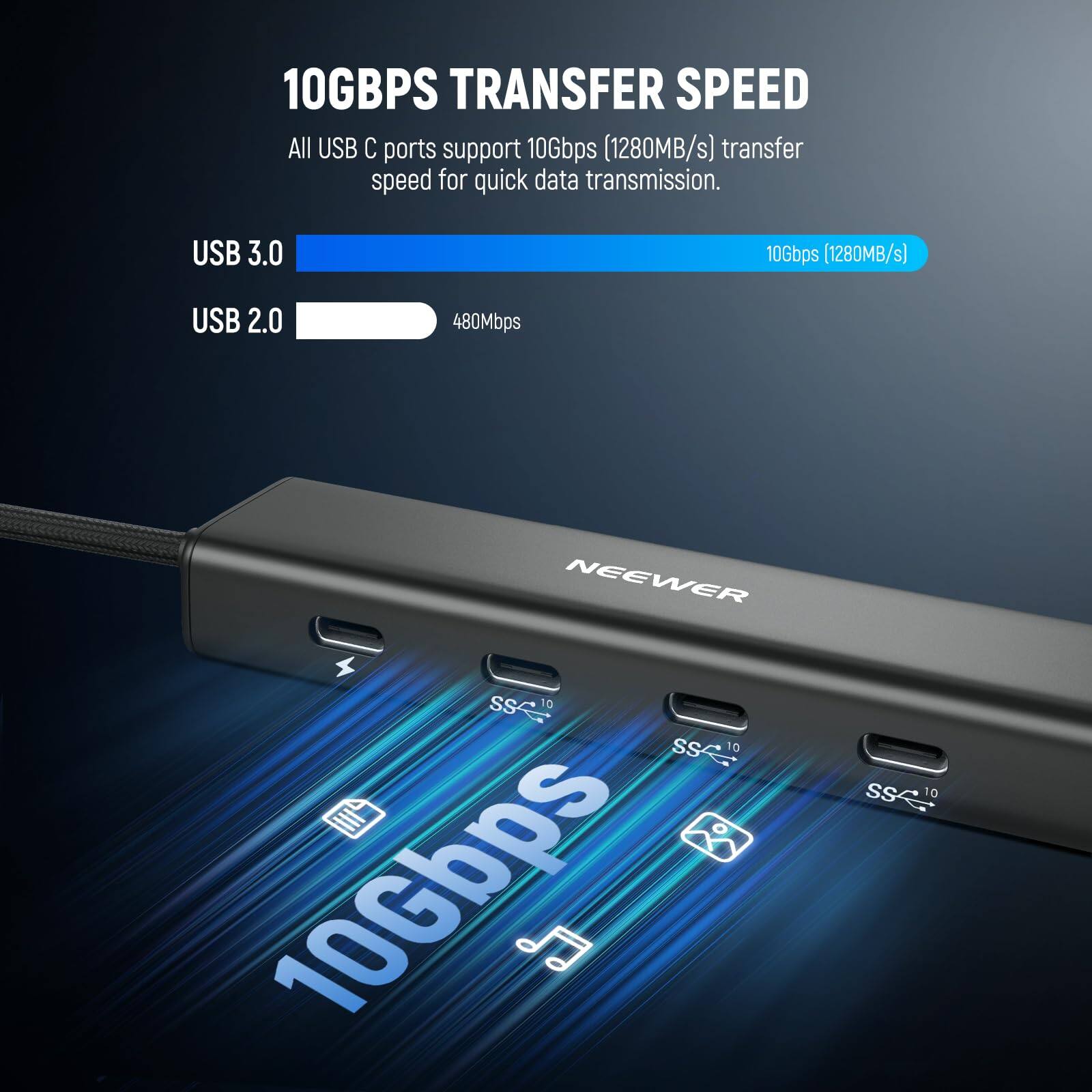 10GBPS TRANSFER SPEED

All USB C ports support 10Gbps (1280MB/s) transfer speed for quick data transmission.

USB 3.0 10Gbps (1280MB/s)
USB 2.0 480Mbps

NEEWER

SS 10
SS 10
SS 10