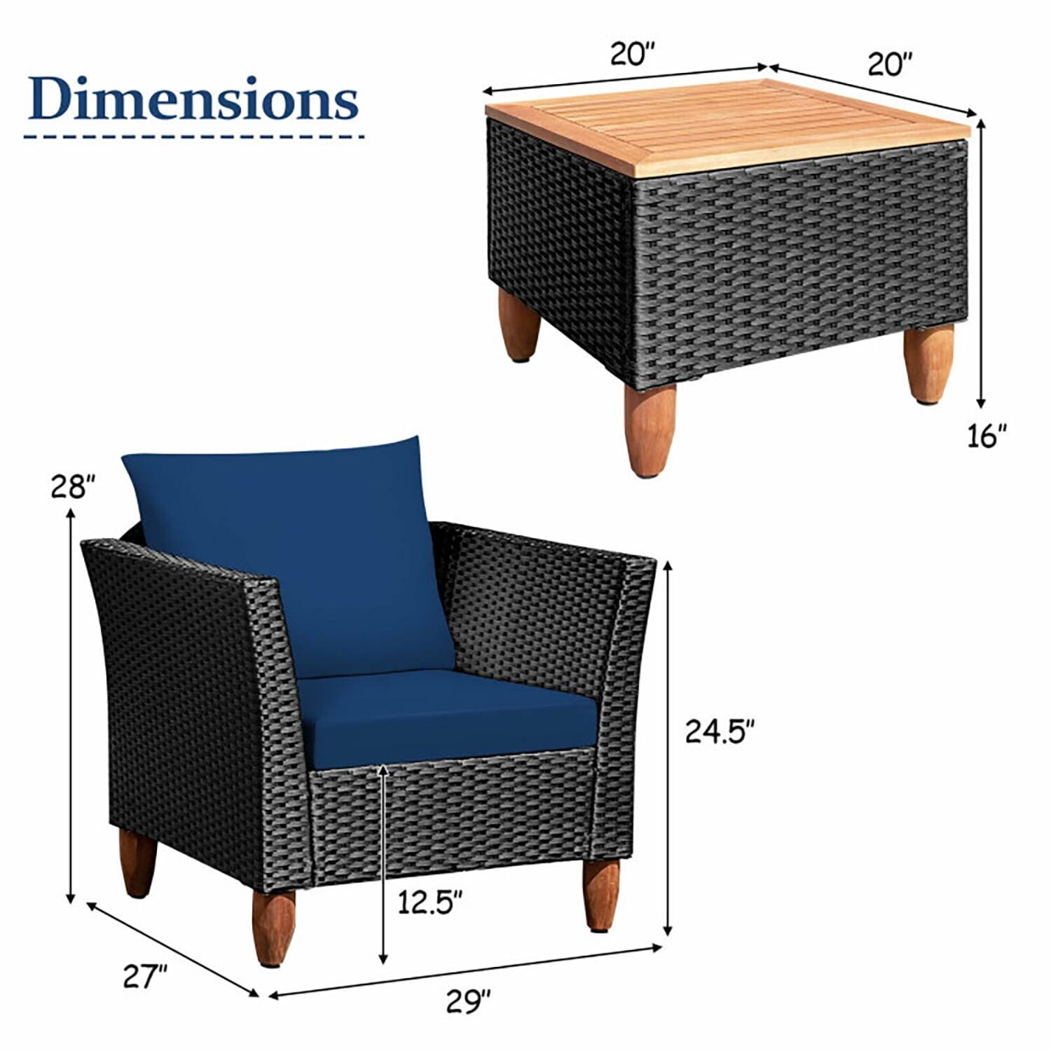 Dimensions:  
- Table: 20" x 20" x 16"  
- Chair: 29" x 27" x 28"  
  - Seat Height: 12.5"  
  - Back Height: 24.5"