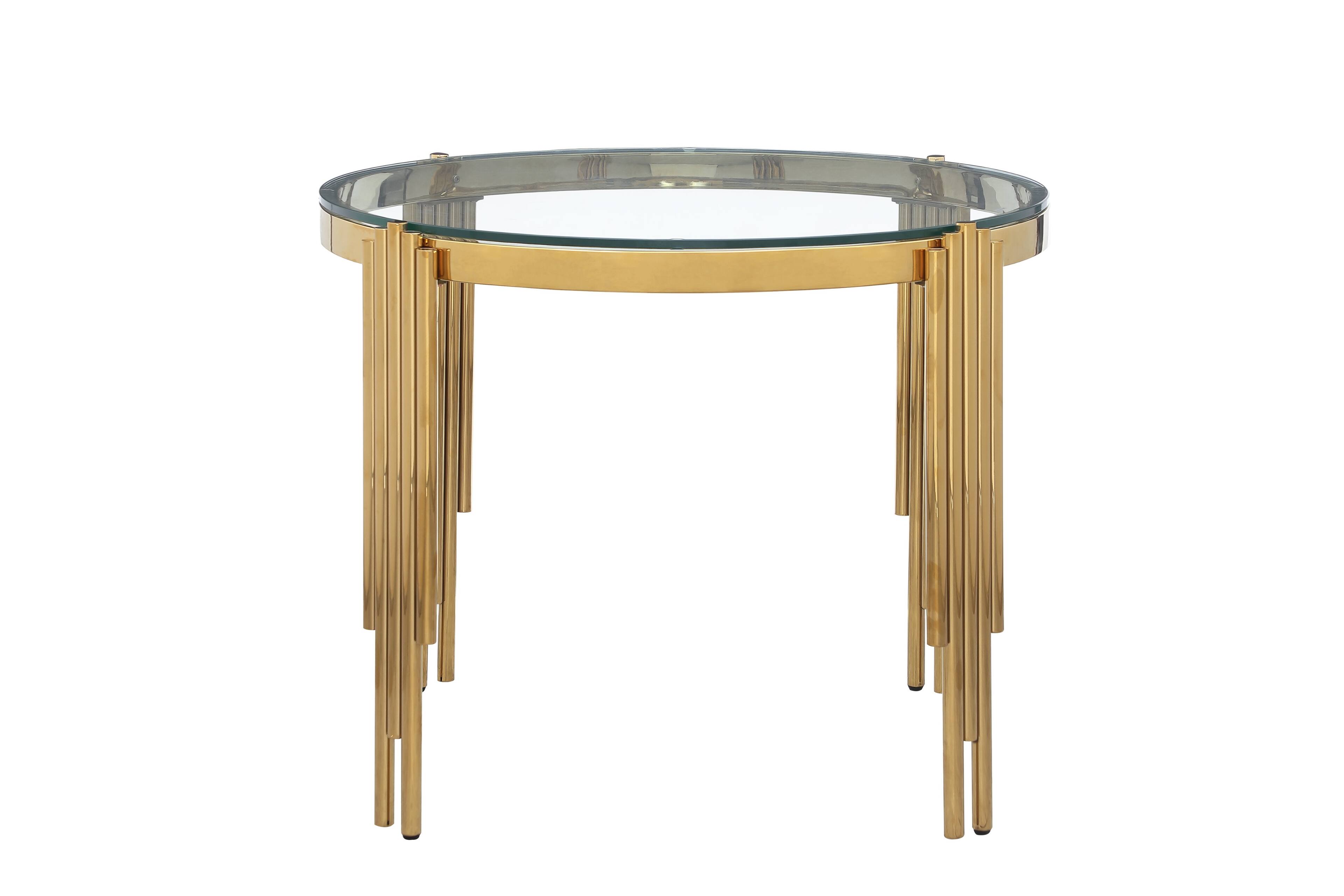 Angle. TinyHomie - 386 Round Glass Dining Table Tempered Glass Top Polished Gold Legs - Brown.