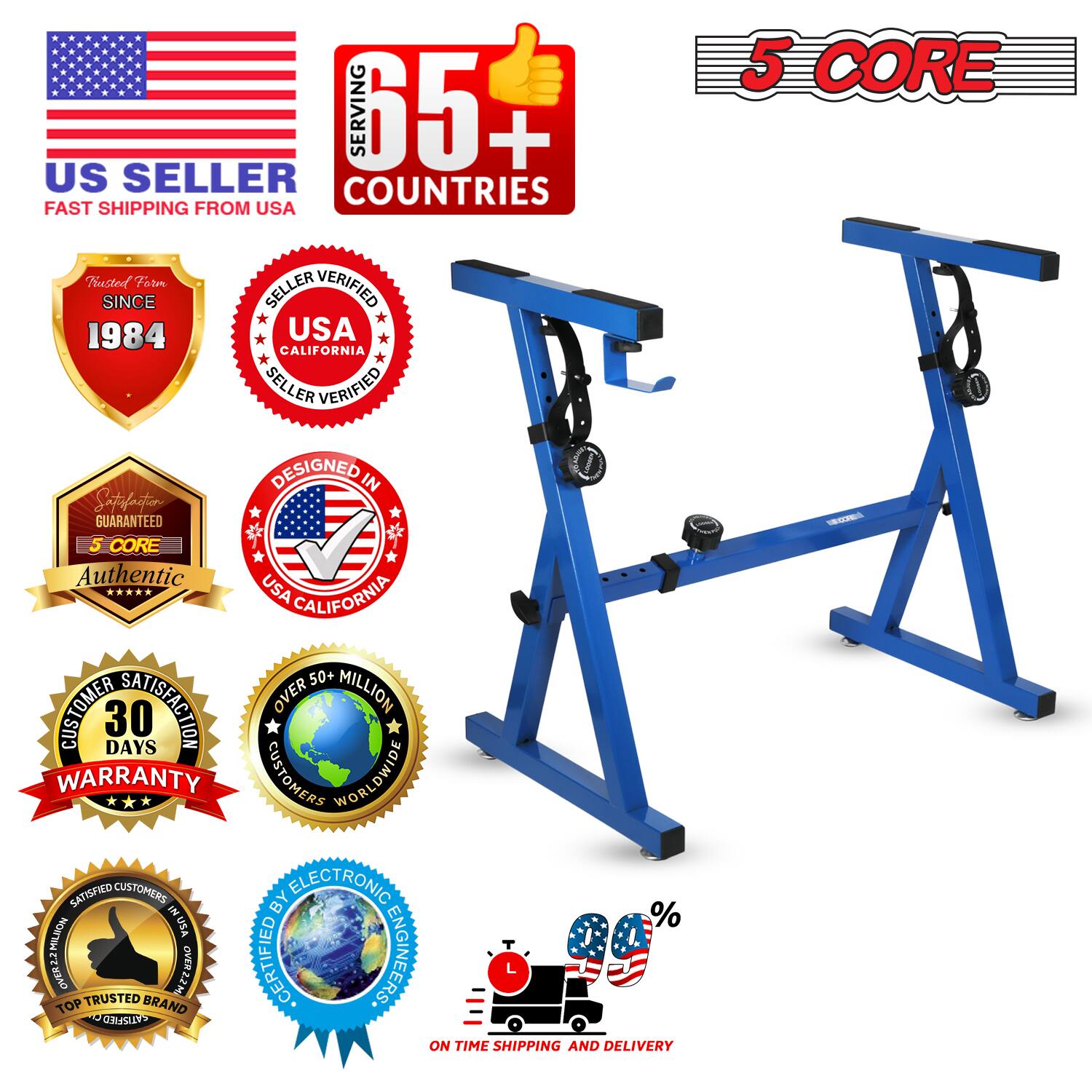 Sure, here is the corrected and grouped text from the image:

---

**US SELLER**  
FAST SHIPPING FROM USA

**SERVING 65+ COUNTRIES**

**5 CORE**

**TRUSTED TEAM SINCE 1984**

**SELLER VERIFIED**  
USA CALIFORNIA

**DESIGNED IN USA CALIFORNIA**

**AUTHENTIC**

**SATISFACTION GUARANTEED**

**30 DAYS WARRANTY**

**OVER 50+ MILLION CUSTOMERS WORLDWIDE**

**SATISFIED CUSTOMERS**

**TOP TRUSTED BRAND**

**CERTIFIED BY ELECTRONIC ENGINEERS**

**ON TIME SHIPPING AND DELIVERY**

---

This text is organized to reflect the badges and information presented in the image.