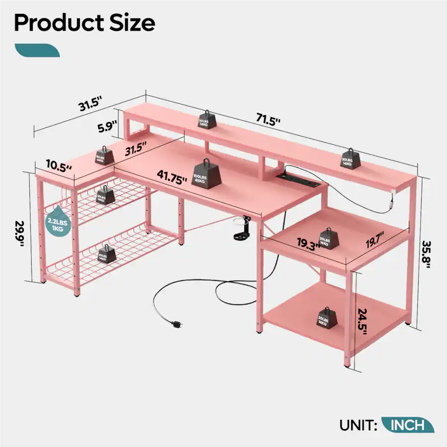 Pdcf Desk Bestier L Shaped Gaming Desk with Power Outlets, LED Lighting and ...