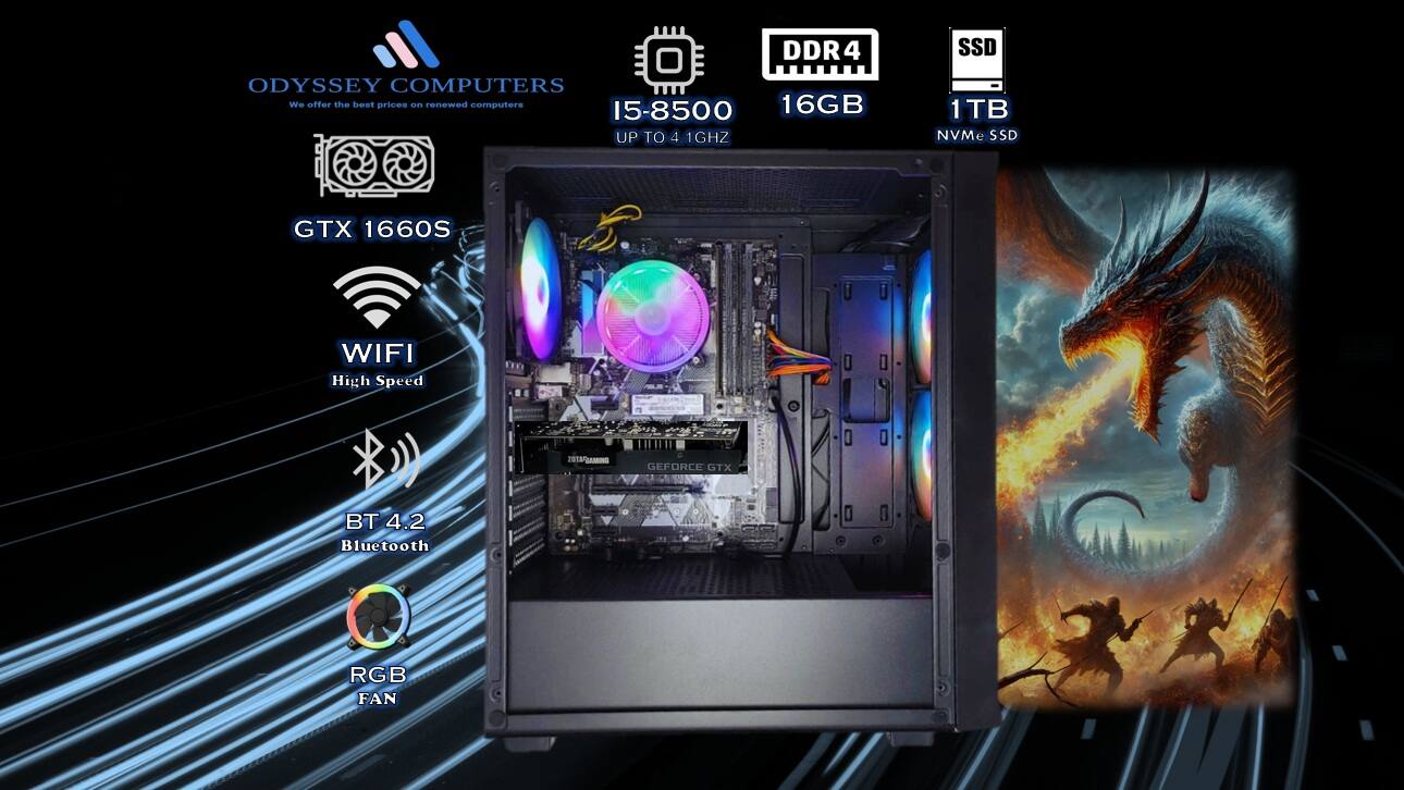 DDR4 ODYSSEY COMPUTERS  
We offer the best prices on renewed computers  

15-8500  
16GB  
UP TO 4.1GHZ  
SSD 1TB NVMe SSD  
GTX 1660S  
WIFI  
High Speed  
20TMGAMING  
GEFORCE GTX  
BT 4.2 Bluetooth  
RGB FAN