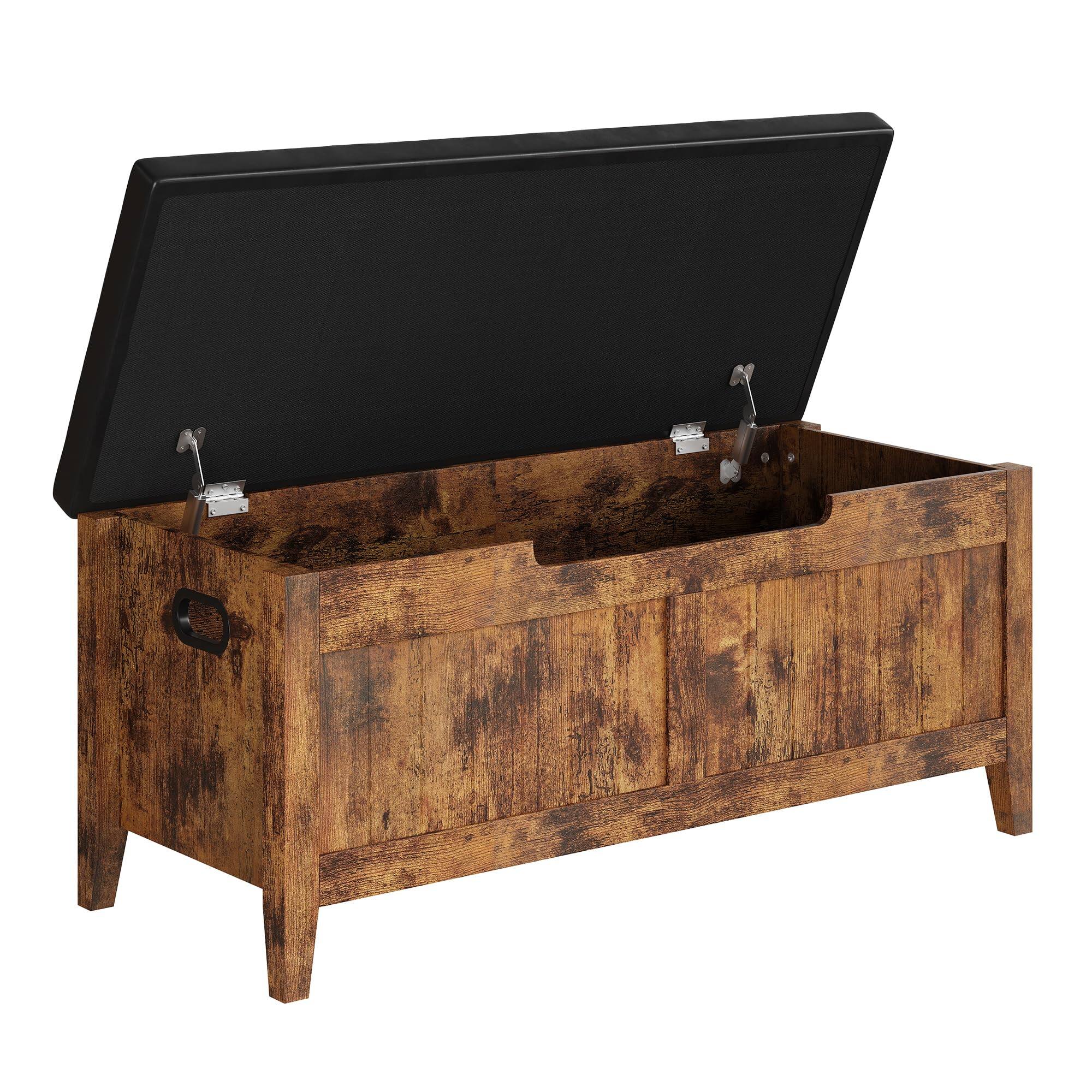 Front. Jojoka - Upholstered Storage Bench with Cushion Seat, Wooden Storage Chest Trunk with 2 Safety Hinges, Organizer - Brown.