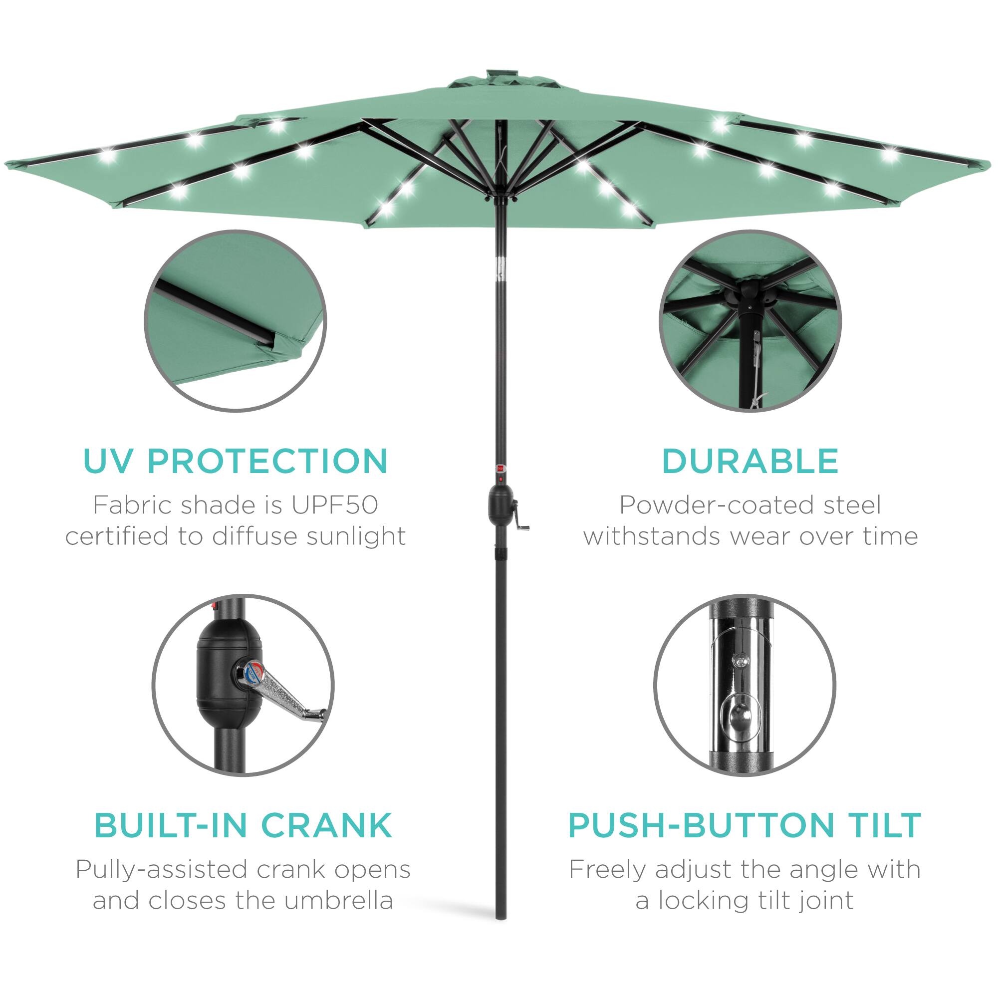 UV PROTECTION: Fabric shade is UPF50 certified to diffuse sunlight.  
DURABLE: Powder-coated steel withstands wear over time.  
BUILT-IN CRANK: Pulley-assisted crank opens and closes the umbrella.  
PUSH-BUTTON TILT: Freely adjust the angle with a locking tilt joint.