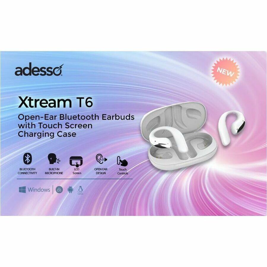 adesso

Xtream T6  
Open-Ear Bluetooth Earbuds with Touch Screen Charging Case

- BLUETOOTH CONNECTIVITY
- BUILT-IN MICROPHONE
- LCD Screen
- OPEN EAR DESIGN
- Touch Controls

Windows OS

NEW