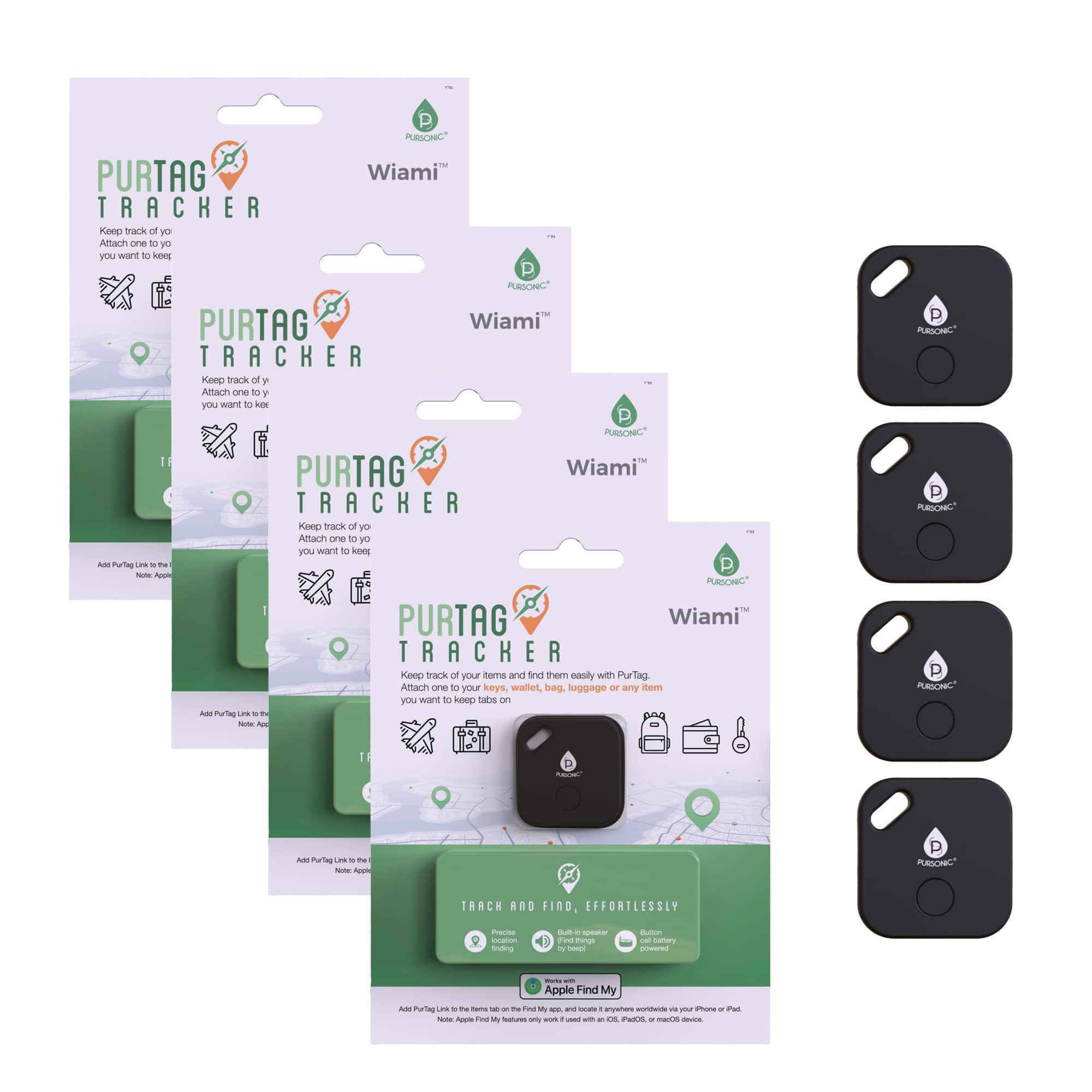 Pursonic - 4 Purtag Trackers - Ultimate Solution for Keeping Tabs on Your Belongings - Black