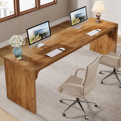 Front. Tribesigns - Office Computer Desk with Metal Frame, for Computer Work, Writing and Study in Home Offices - Light Brown.