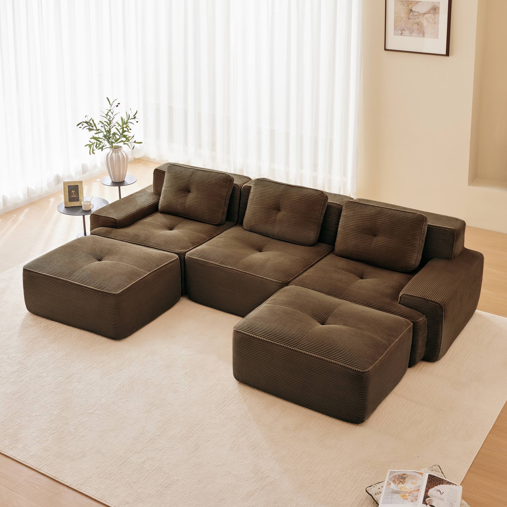 Front. Aukfa - 117" Modern U-Shaped Modular Sectional Sofa - Corduroy Fabric, 3-Seater with Deep Seat & Ottoman, No Assembly - Brown.