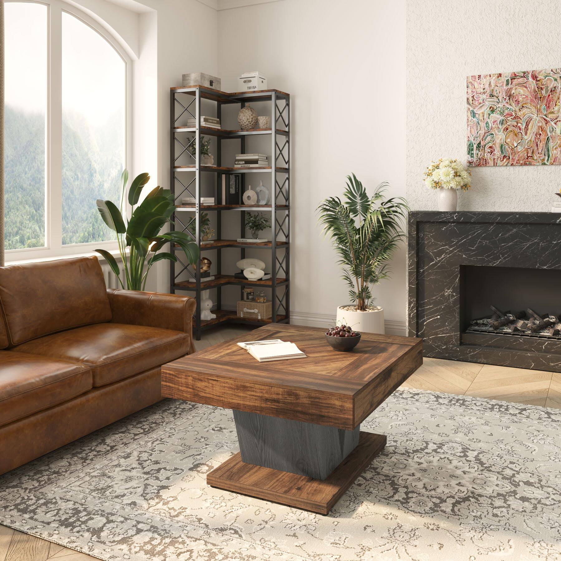 Left. Tribesigns - 80cm Coffee Table, Wood Center Table for Living Room, Square Modern Cocktail Tea Accent Table, Rustic Brown & Black - Rustic Brown & Black.