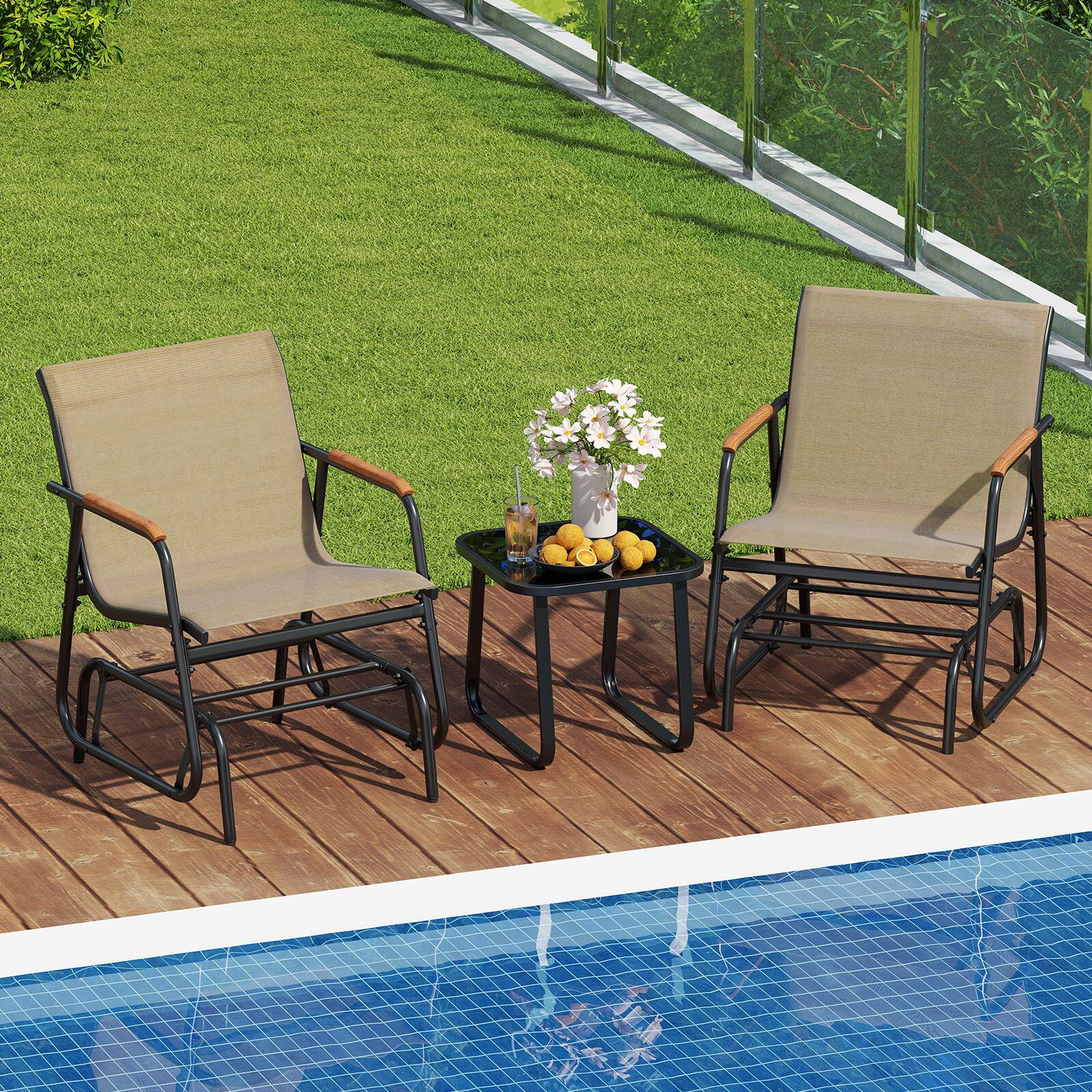 Alt View 4. Gymax - Gymax 3 Piece Outdoor Gliding Set w/ Tempered Glass Coffee Table Teak Wood Armrests - Black, Brown.