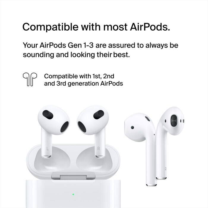 Compatible with most AirPods.  
Your AirPods Gen 1-3 are assured to always be sounding and looking their best.  
Compatible with 1st, 2nd, and 3rd generation AirPods