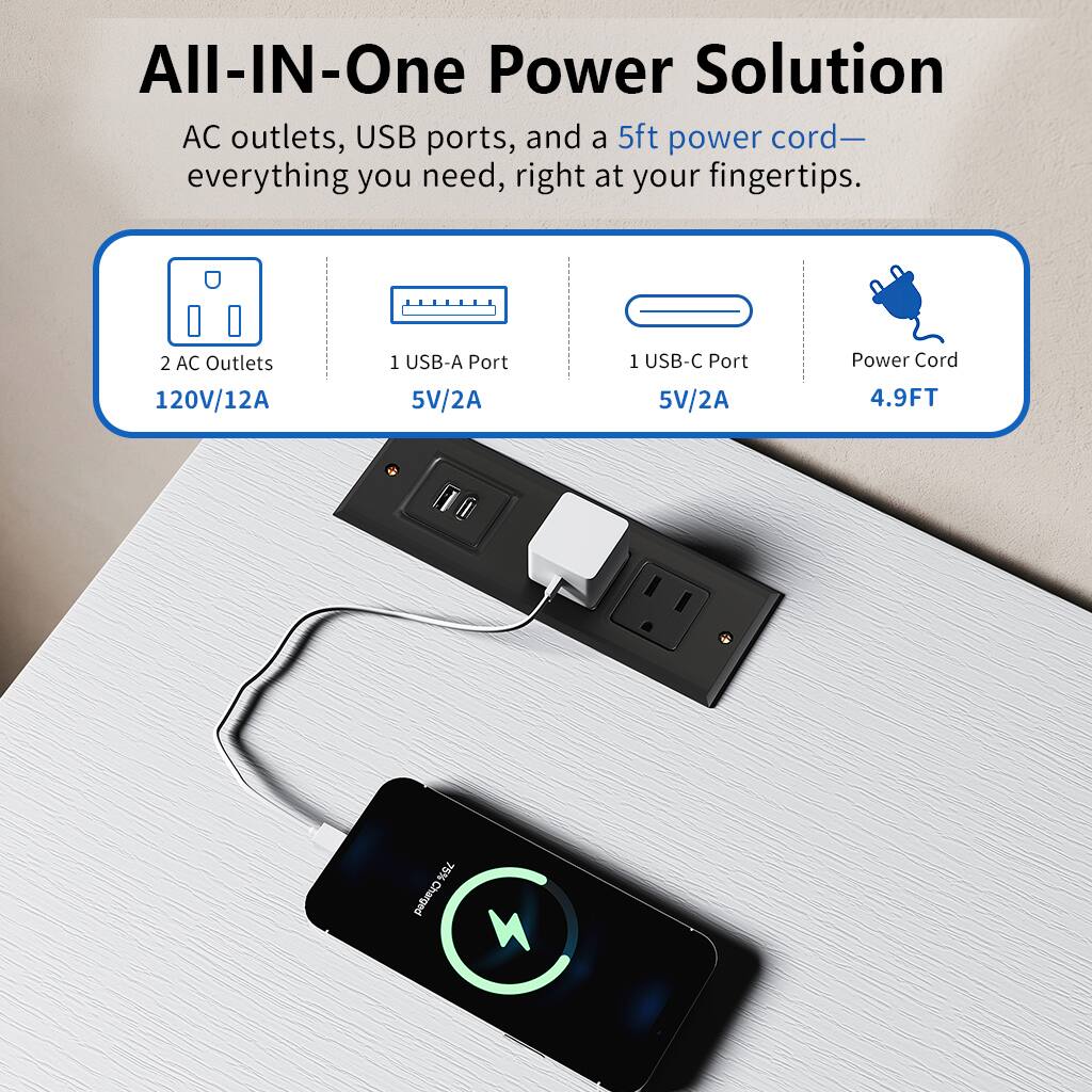 All-IN-One Power Solution

AC outlets, USB ports, and a 5ft power cord—everything you need, right at your fingertips.

- 2 AC Outlets 120V/12A
- 1 USB-A Port 5V/2A
- 1 USB-C Port 5V/2A
- Power Cord 4.9FT