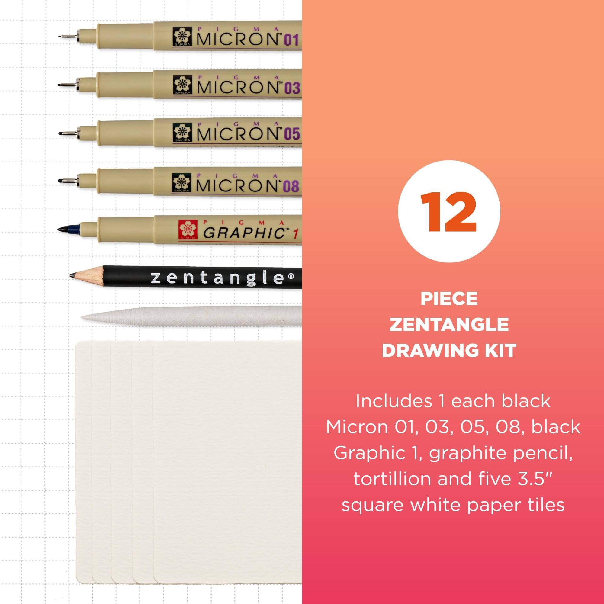PIGMA SANIMA MICRON 01  
PIGMA SANUMA MICRON 03  
PIGMA CANCORIA MICRON 05  
PIGMA MICRON 08 PIGMA GRAPHIC 12  
PIECE ZENTANGLE DRAWING KIT  
Includes 1 each black Micron 01, 03, 05, 08, black Graphic 1, graphite pencil, tortillion and five 3.5" square white paper tiles