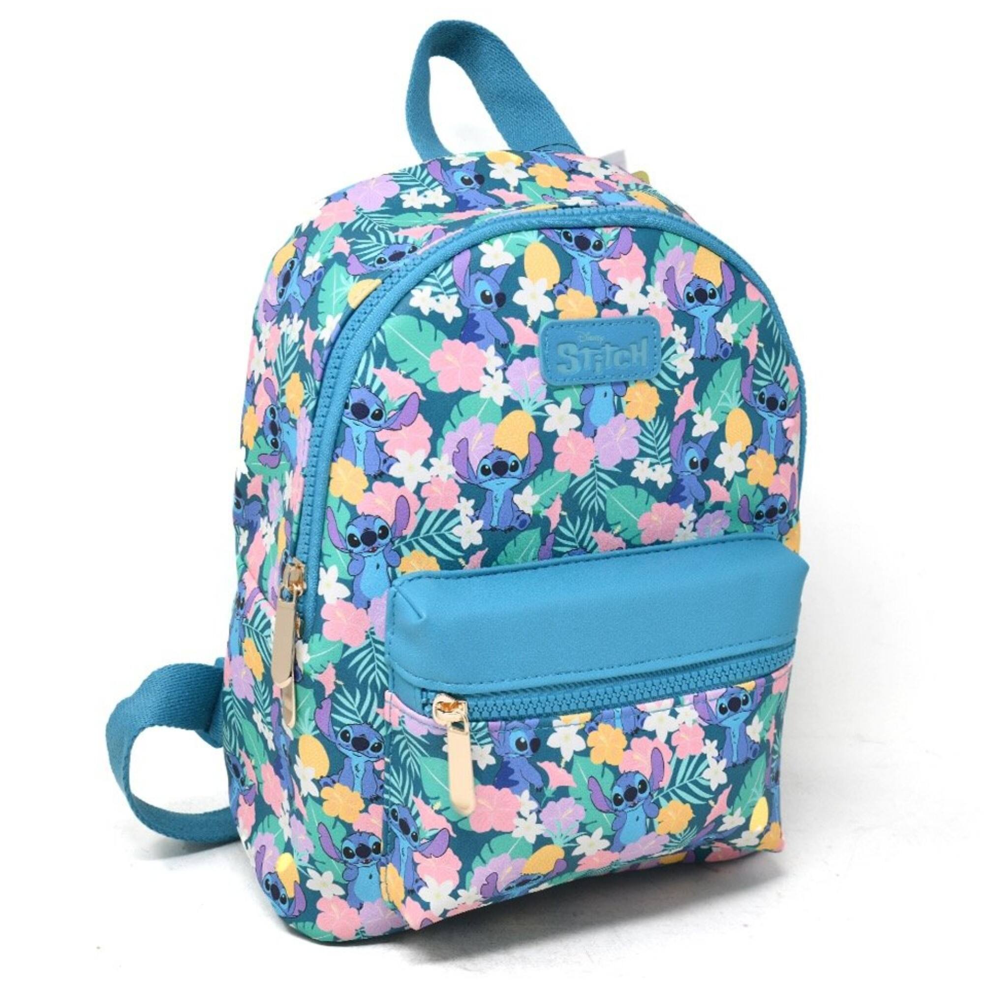 Disney - Disney's Stitch Icon with Flowers Printed all over 10" Mini PU leather Backpack - Multicolored