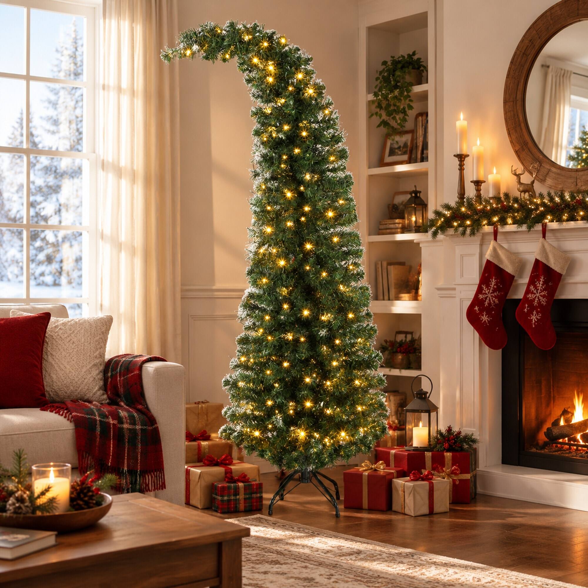 Angle. RYHNUYNE - 5 Ft Bent Top Slim Fir Artificial Christmas Tree With 100 LED Lights, Metal Stand Whimsical Holiday Decor - Green.