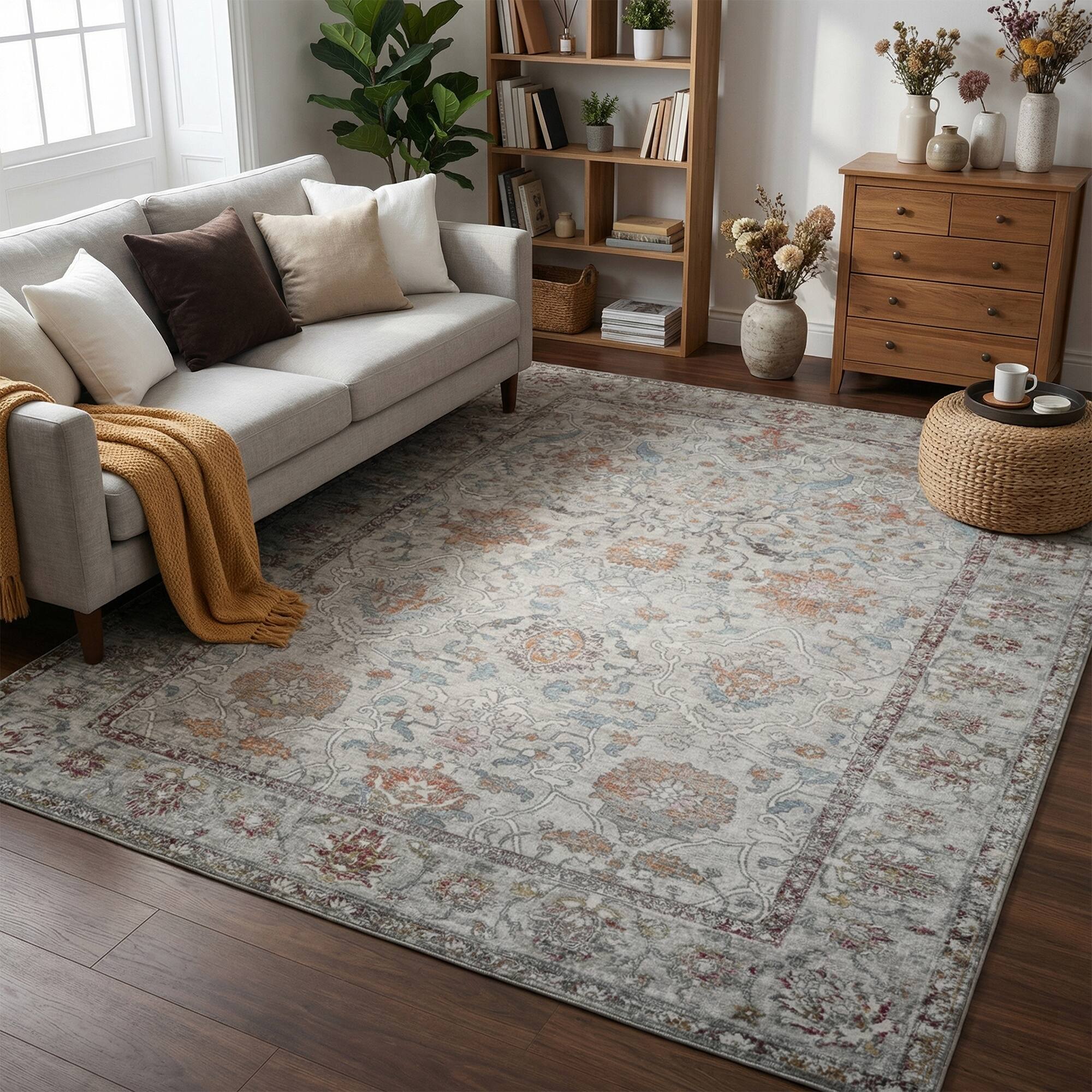 Angle. RYHNUYNE - 8x10 Neutral Floral Rugs, Vintage Style Washable Area Rug, Non Slip Soft Low Pile Rug for Living Room Farmhouse Nursery - gray.