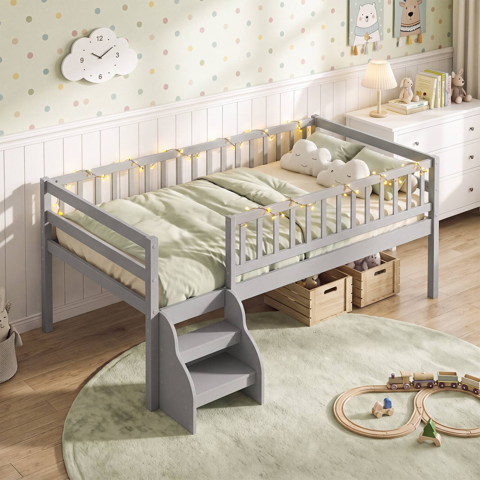 Alt View 3. Costway - Costway Twin Size Montessori Bed with Stairs Guardrails Wooden Slat Support Under Bed Space - Gray.