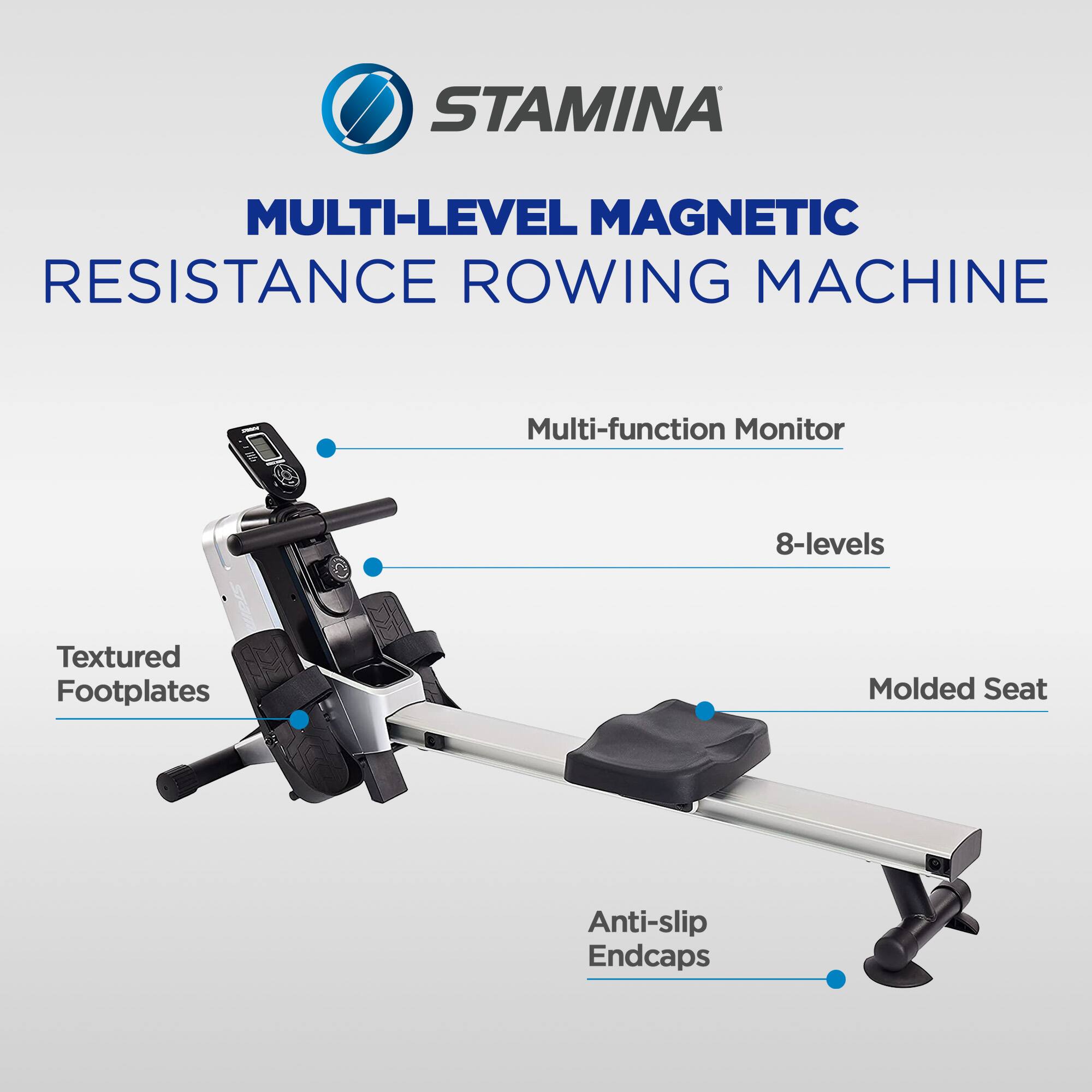 STAMINA MULTI-LEVEL MAGNETIC RESISTANCE ROWING MACHINE  
Multi-function Monitor  
8-levels  
Textured Footplates  
Molded Seat  
Anti-slip Endcaps