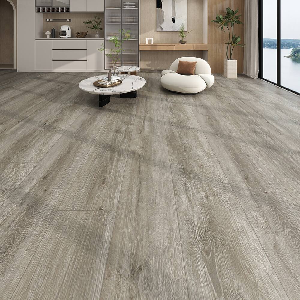 Left. Dotfloor - 62.6"x9" SPC Composite Flooring; 5 Planks/Box (19.56 sq. ft/Box); 8mm Thick with ; 30 mil Wear Layer; - White Stone.